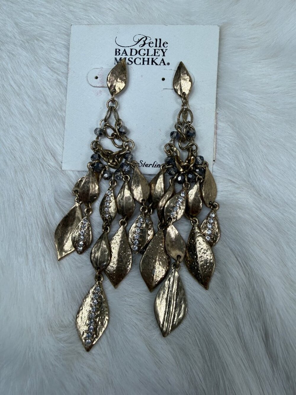 NWT Belle Badgley Mischka Gold Tone Chandelier Fringe Earrings Sterling Posts